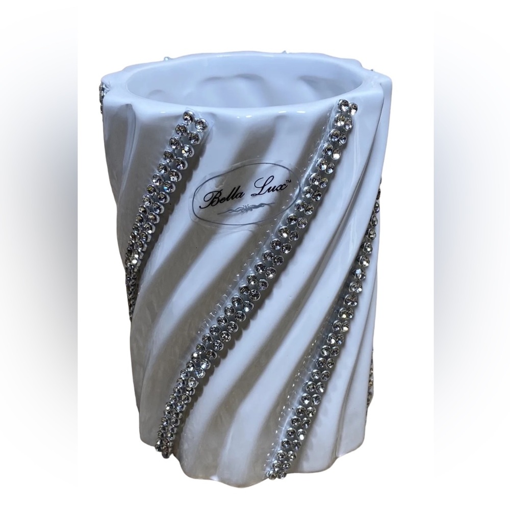 Bella Lux NEW! White RHINESTONE TOOTHBRUSH Cup BRUSH HOLDER SWIRL Tumbler
